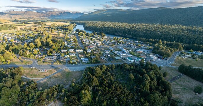 Town and Lake Manapouri, Te Anau, Southland, New Zealand.