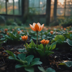 a small orange flower in the middle of a field