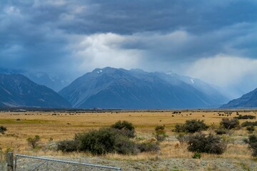 View towards Mt Cook on a stormy day, Canterbury, New Zealand.