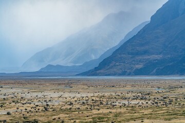 View towards Mt Cook on a stormy day, Canterbury, New Zealand.