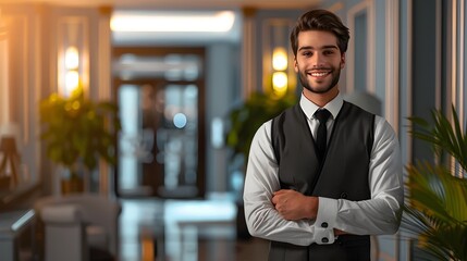 Obraz premium Friendly Young Hotel Greeter Welcoming Guests in Lobby