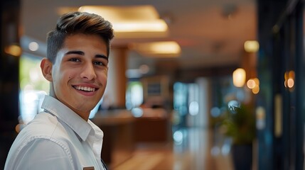 Fototapeta premium Happy Hotel Employee Standing at Entrance and Greeting Guests