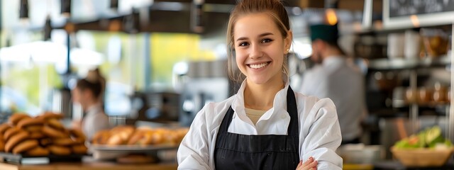 Happy Young Cafeteria Worker Smiling Confidently in Her Uniform
