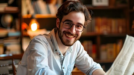 Obraz premium Happy Young Editor Focused on Work in Cozy Office Library