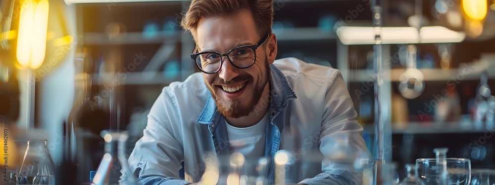 Aufkleber happy young physicist working enthusiastically in illuminated lab setup