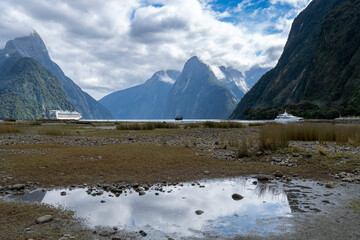 Mitre Peak and ocean in Milford Sound, Fiordland, New Zealand.