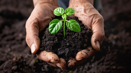 A close-up of hands holding rich, dark soil with a small plant growing