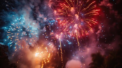Fototapeta premium A celebratory scene with sparkling fireworks against a dark sky. - Event decoration background