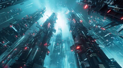 Futuristic cityscape with towering skyscrapers and glowing lights in a high-tech, sci-fi atmosphere.
