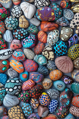 A dense collection of small rocks painted with various designs and colors, filling the entire frame. The rocks display patterns, animals, and abstract art, creating a whimsical and creative background