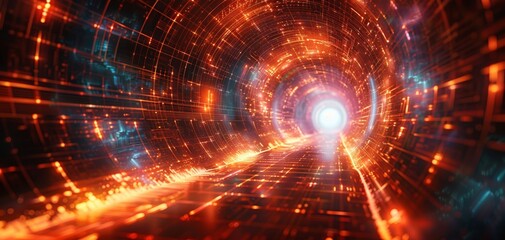 Fototapeta premium Futuristic digital tunnel with bright neon lights, depicting a concept of fast data transfer and advanced technology.