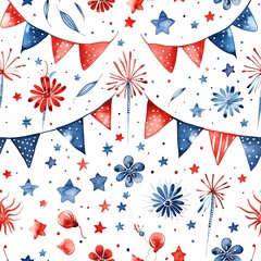 A watercolor pattern with red, white, and blue balloons, confetti, and streamers for a festive July 4th celebration.