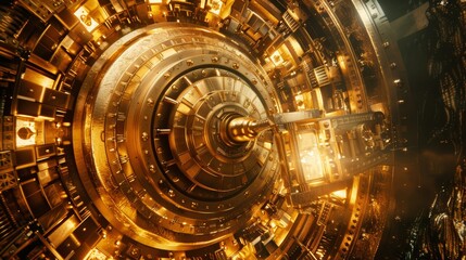 Fototapeta premium Futuristic golden machinery with intricate mechanical details, emitting a vibrant glow. High-tech industrial structure showcasing advanced technology.