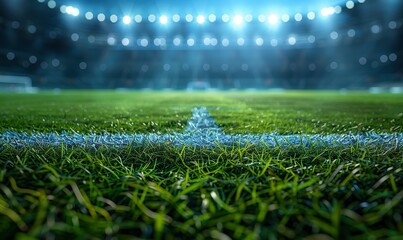 Naklejka premium Illuminated Football Stadium at Night with Bright Floodlights Shining on the Green Grass Field, Ready for a Soccer Match, Creating a Dramatic and Exciting Atmosphere