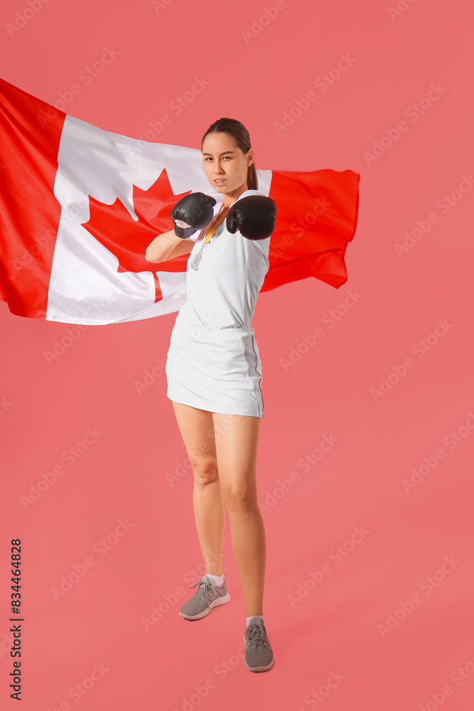 Poster female boxer with flag of canada on pink background