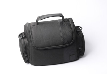 Black camera bag on a white background