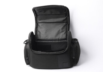 Naklejka premium Black camera bag on a white background