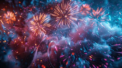 Fototapeta premium A cheerful celebration with a burst of fireworks and ribbons. - Event decoration background