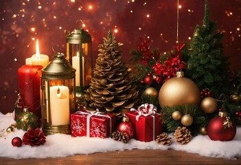 christmas still life with candle and christmas tree