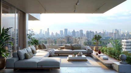Fototapeta premium Luxurious modern balcony with comfortable seating, overlooking a city skyline. Greenery and a serene atmosphere enhance the urban view.