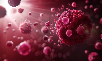 Tumor microenvironment concept with cancer cells, T-Cells, nanoparticles, cancer associated fibroblast layer of tumor microenvironment normal cells, molecules, and blood vessels 3d rendering, 4K