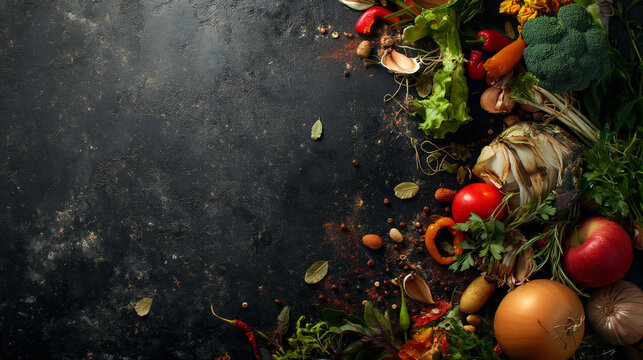 an arrangement of food scraps and compostable materials, illustrating the concept of composting for sustainable food production, composting materials, hd, with copy space, inscript