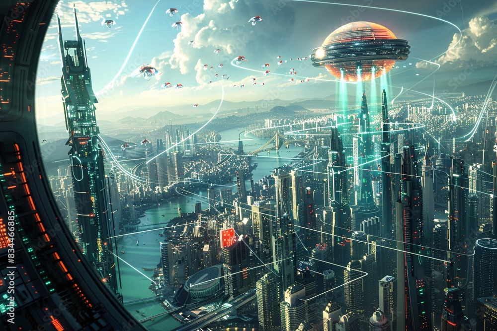 Poster futuristic cityscape intertwined with digital data streams and network connections symbolizing the n