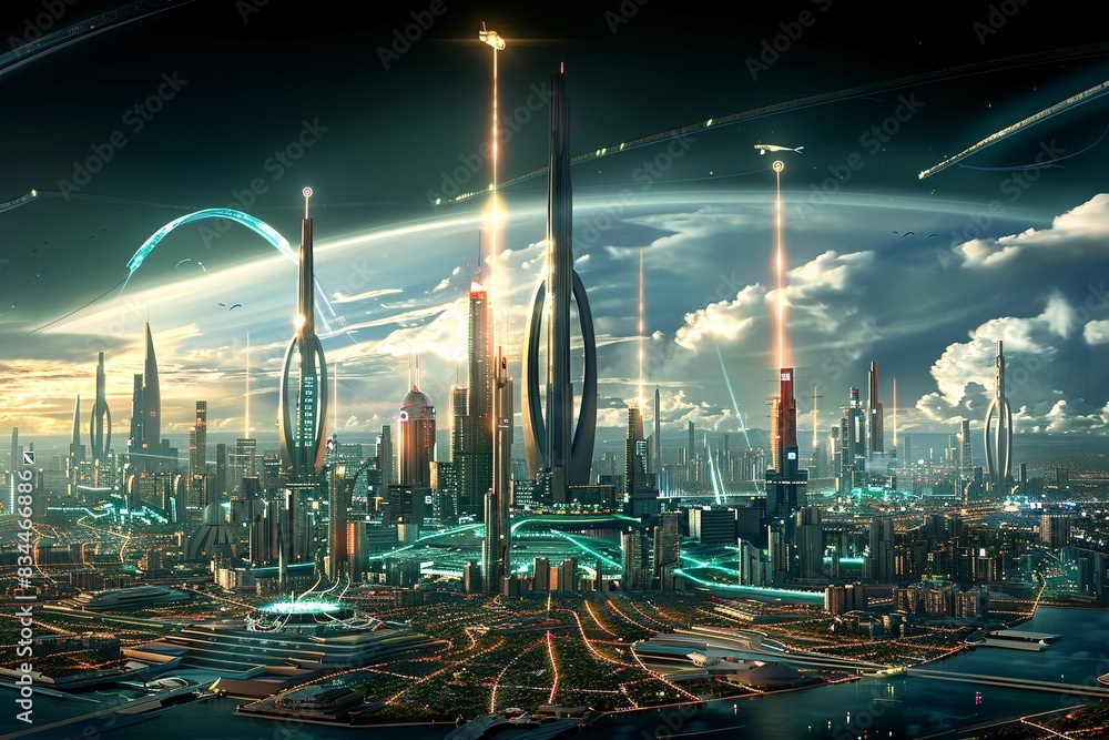 Poster futuristic cityscape intertwined with digital data streams and network connections symbolizing the n