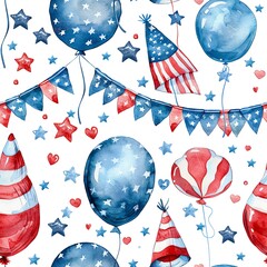 Seamless watercolor pattern showcasing 4th of July parade elements like balloons, flags, and patriotic banners.