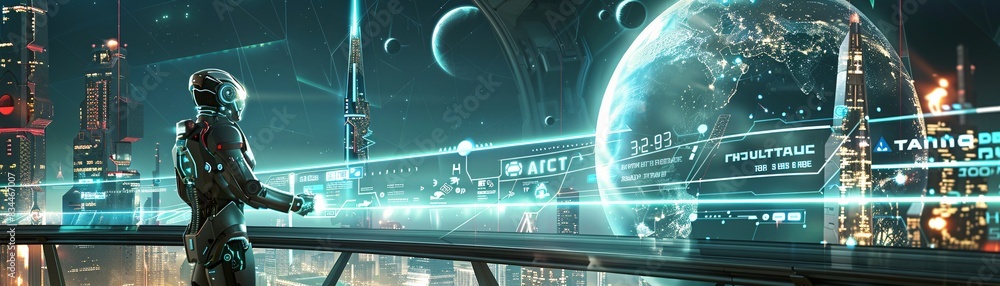 Poster visual of a high-tech environment with virtual reality elements, holograms, and digital data flows, 