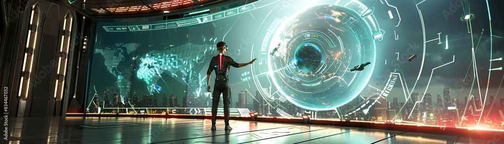 Poster visual of a high-tech environment with virtual reality elements, holograms, and digital data flows, 