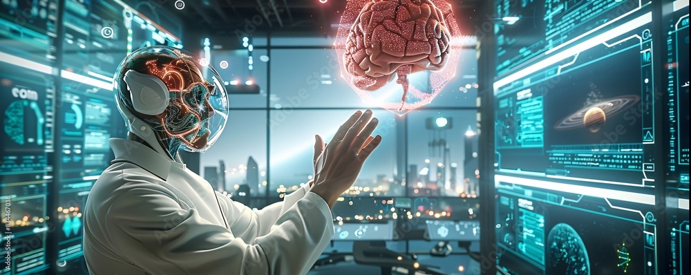 Poster conceptual image featuring a blend of ai, machine learning elements, and futuristic interface design