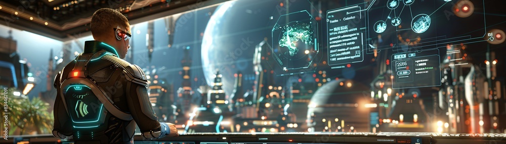 Poster visual of a high-tech environment with virtual reality elements, holograms, and digital data flows, 