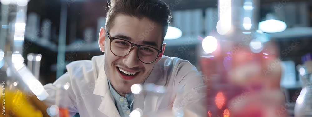 Poster molecular scientist enthusiastically examining research data in laboratory