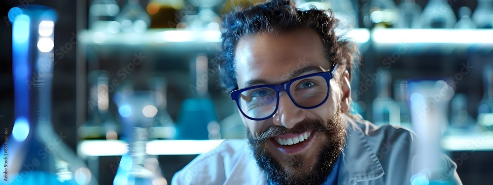 Poster portrait of bearded smiling chemist scientist working in laboratory