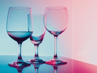 Three empty glasses on a reflective surface illuminated by colorful neon lights.