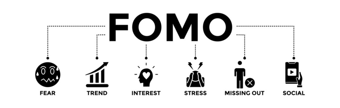 FOMO banner icons set. Vector graphic glyph style with icon of fear, trend, interest, stress, missing out, and social	