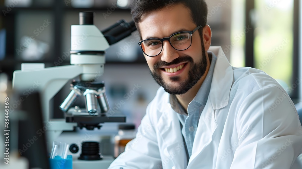Poster smiling male molecular scientist examining samples in lab with microscope