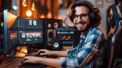 Smiling Music Producer Works in Cozy Home Recording Studio