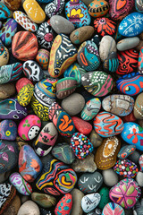 A dense collection of small rocks painted with various designs and colors, filling the entire frame. The rocks display patterns, animals, and abstract art, creating a whimsical and creative background