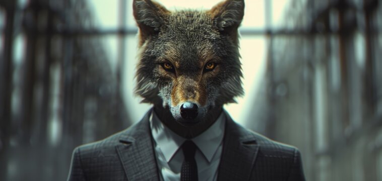 Surreal image of a person wearing a wolf mask with a suit, blending human and animal elements, appearing in a mysterious urban setting.