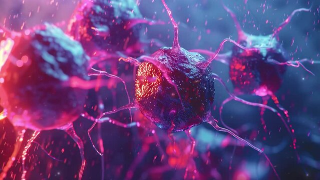 Tumor microenvironment concept with cancer cells, T-Cells, nanoparticles, cancer associated fibroblast layer of tumor microenvironment normal cells, molecules, and blood vessels 3d rendering, 4K
