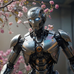 Obraz premium a close up of a robot statue with a tree in the background