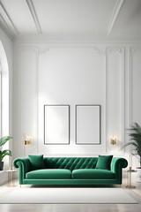 Premium Living Room with White Walls and Emerald Green Sofas. Lounge Furniture and Empty Space for Art or Pictures. Rich Minimal Interior Design. Mockup Luxury Lounge or Reception Office. 3D Render
