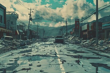 Earthquake natural disaster landscape with vintage style