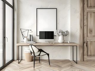 A blank painting frame on the living room wall, minimalist, negative space art, indoor natural light, soft tones, long focal length, frame as the center, tranquil atmosphere, ethereal, anticipation