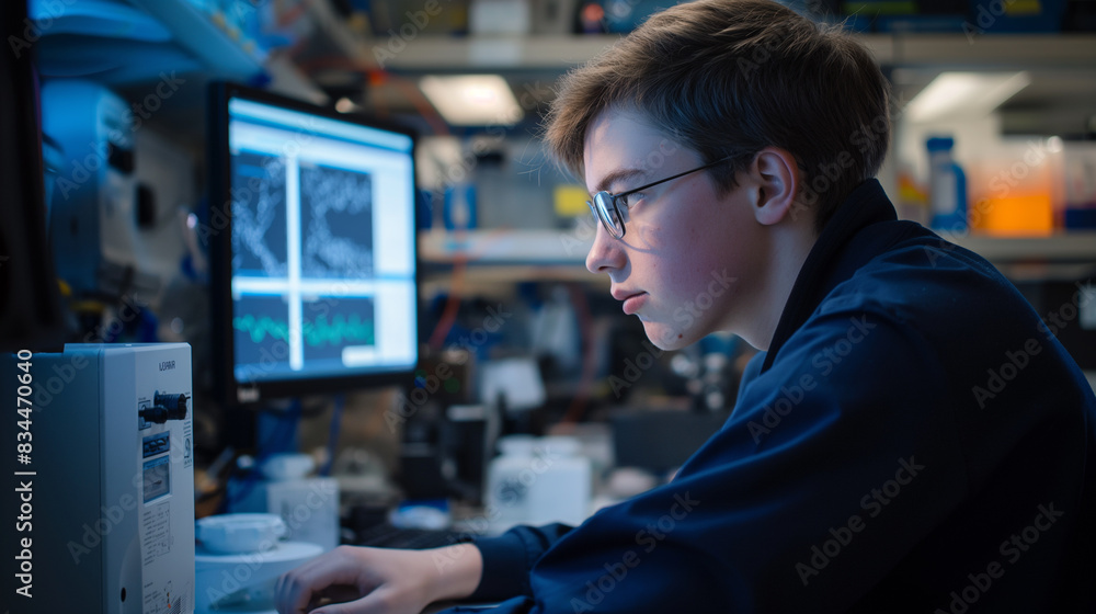 Poster boy in glasses using computer in lab