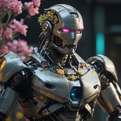 Fototapeta premium a close up of a robot with a flower in its mouth