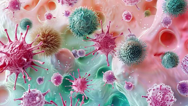 Tumor microenvironment concept with cancer cells, T-Cells, nanoparticles, cancer associated fibroblast layer of tumor microenvironment normal cells, molecules, and blood vessels 3d rendering, 4K