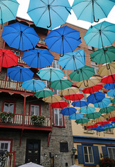 Street under umbrellas vertical - Rue du Cul-de-Sac, Quebec City, Canada